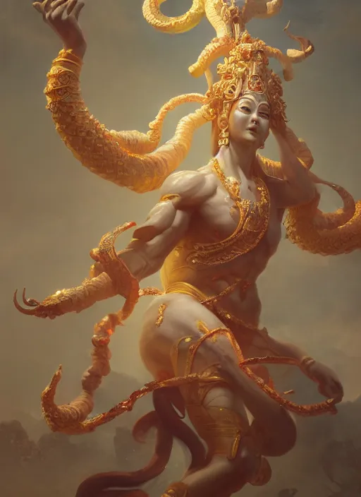 Image similar to Gigantic Deity with 8 arms, extremly detailed oil painting, in the style of Fenghua Zhong and Ruan Jia and Jeremy Lipking, rim light, beautiful lighting, 8k, stunning scene, raytracing, octane, trending on artstation