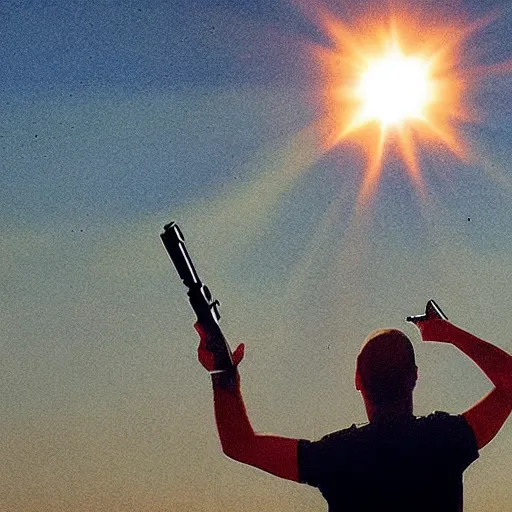 Image similar to a man with a pistol, shooting the sun out of the sky, surreal