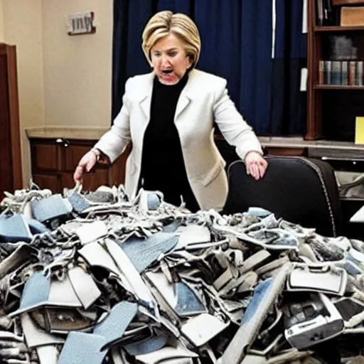 Prompt: a candid photo of hillary clinton as she desperately tries, unsuccessfully, to shred a large stack of laptops.