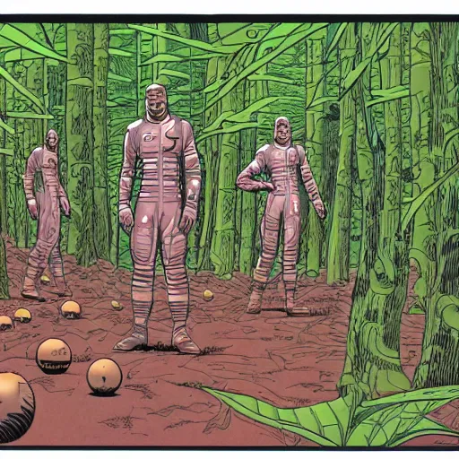Prompt: highly detailed Moebius sci-fi comic panel illustration ape astronauts exploring a forest