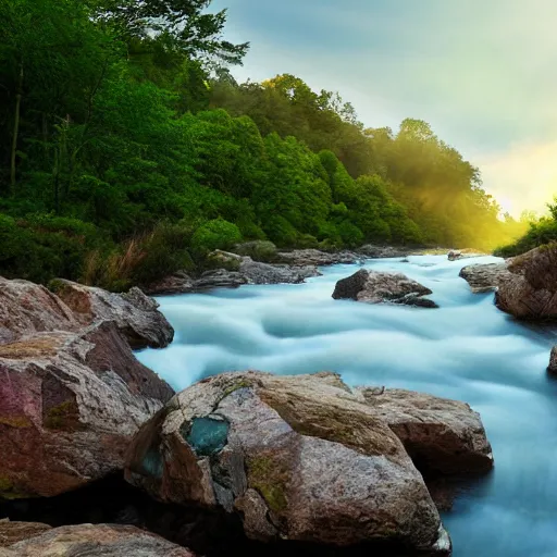 Image similar to a beautiful landscape, river, rocks, trees, volumetric lighting