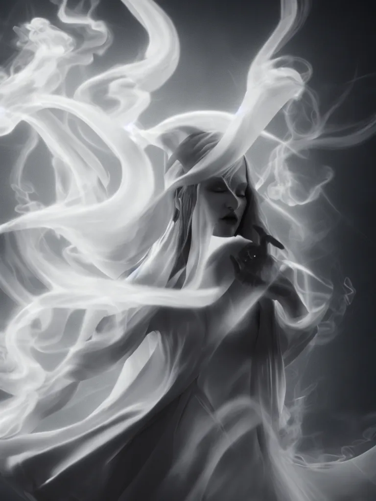 Image similar to white noir priestess, flowing swirls of smoke, hyperreal octane render volumetric cinematic