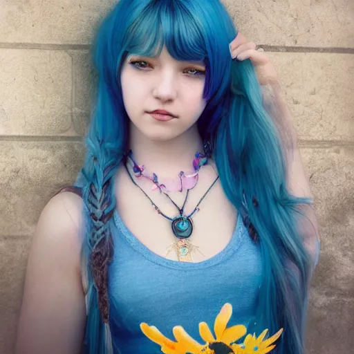Prompt: dslr photo of a pretty young woman, with blue hair, sitting on a bench wearing a flower skirt, and body and wearing hemp sandals and a very detailed faerie necklace around neck, artgerm, artstation, very high quality face, extremely high quality, moody lighting, full bodied, real camera, real photo, photography by deviantart, 8 k