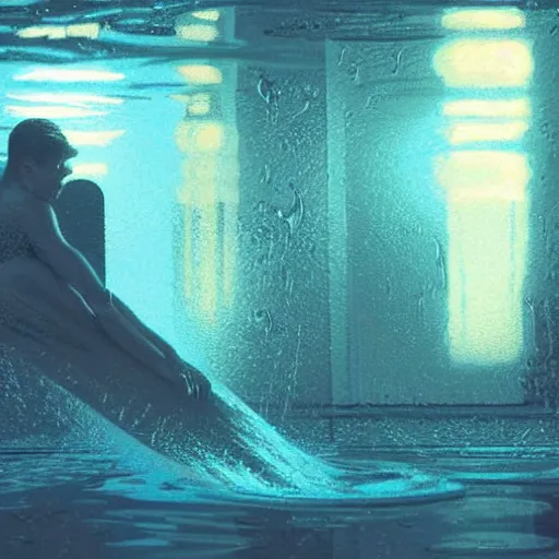 Image similar to silhouette submerged in a pool, stormy weather, extremely detailed masterpiece, oil on canvas, low-key neon lighting, artstation, Blade Runner 2049, Roger Deakin’s cinematography, by J. C. Leyendecker and Peter Paul Rubens,