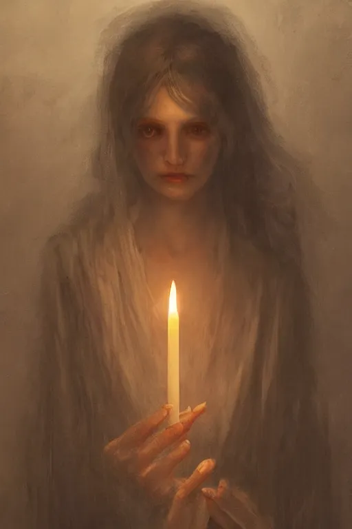 Image similar to Spirit holding a candle in the middle of the room, horror, illustrated by Greg Rutkowski and Caspar David Friedrich., Trending on artstation, artstationHD, artstationHQ, 4k, 8k