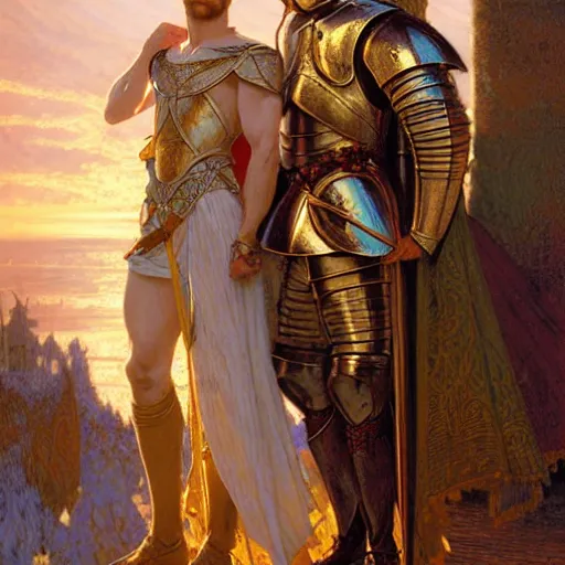 Image similar to attractive arthur pendragon and his favourite attractive knight, they are in love, camelot, natural lighting, path traced, highly detailed, high quality, digital painting, by gaston bussiere and ross tran and j. c. leyendecker and alphonse mucha