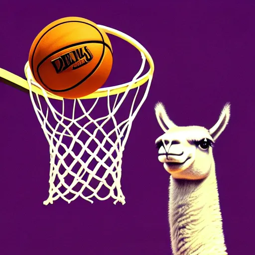 Image similar to a llama dunking a basketball, 4 k, digital art, high resolution, trending on artstation