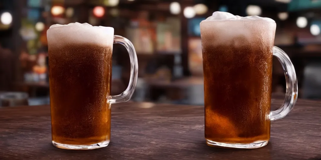 Prompt: a 3 d rendered movie still product shot an old - fashioned a & w root beer in a frosty mug. the mug sits on a wooden bar at a diner. imax, 7 0 mm dramatic lighting blade runner