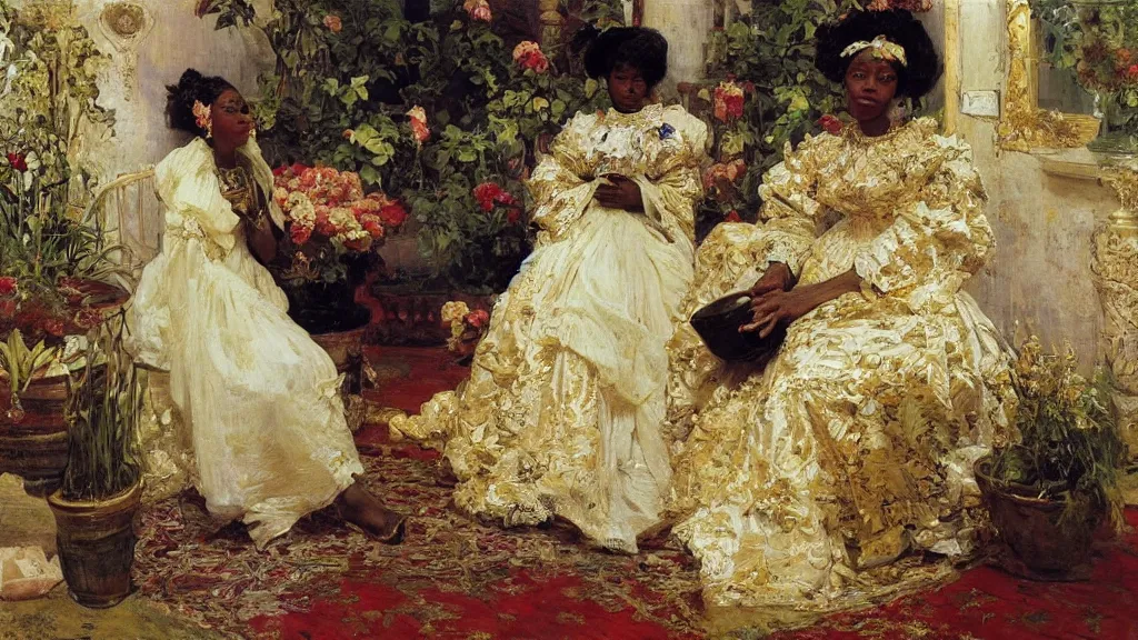 Image similar to high quality high detail painting by ilya repin, black woman in a white room with many plants, intricate costume design, orientalist, partially gold, ornate, elite, luxury, hd