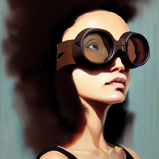 Image similar to Beautiful woman wearing opaque goggles profile picture by Greg Rutkowski, brown skin, long afro hair, asymmetrical, studio ghibli, Organic Painting , Matte Painting, geometric shapes, hard edges, street art, trending on the artstation, fantasy LUT, realistic by Sachin Teng,