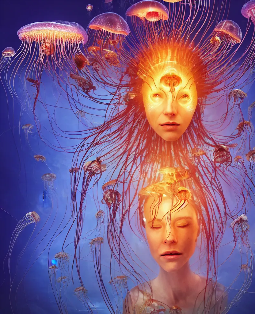 Image similar to close-up portrait of the face of a beautiful princess in a twisted flowers jellyfish mask in a spaceman suit surrounded by energy flow, epic angle and pose, symmetrical artwork, 3d with depth of field, blurred background, floating jellyfish skull phoenix bird, translucent, nautilus, energy flows of water and fire. a highly detailed epic cinematic concept art CG render. made in Maya, Blender and Photoshop, octane render, excellent composition, cinematic dystopian brutalist atmosphere, dynamic dramatic cinematic lighting, aesthetic, very inspirational, arthouse. y Greg Rutkowski, Ilya Kuvshinov, WLOP, Stanley Artgerm Lau, Ruan Jia and Fenghua Zhong