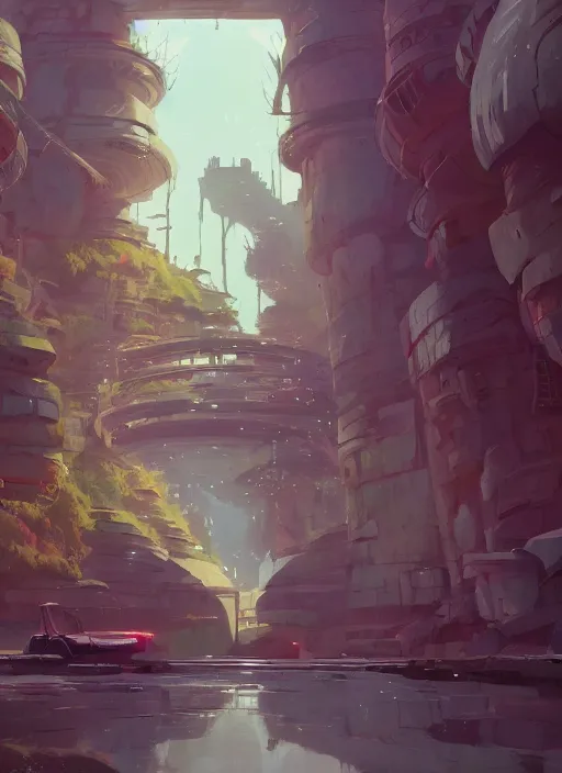 Image similar to warm canyon with giant gate entrance, nuclear powered, detailed, futuristic, cory loftis, james gilleard, atey ghailan, makoto shinkai, goro fujita, studio ghibli, rim light, exquisite lighting, clear focus, very coherent, plain background