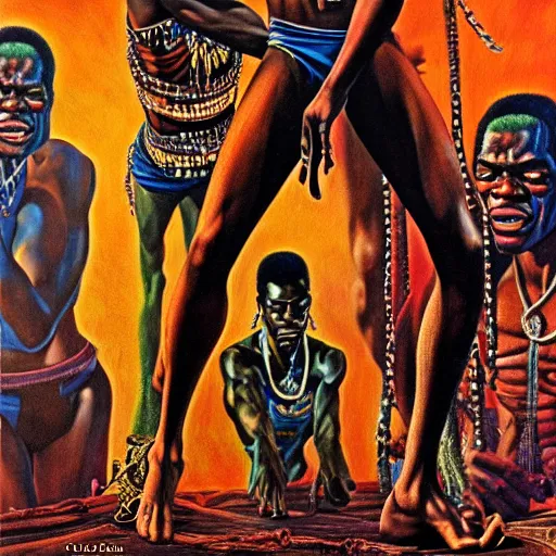 Image similar to fela kuti by clyde caldwell, very detailed, low contrast, dark background, 4 k