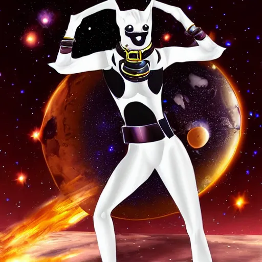 Image similar to White anubian anthropomorphic jackal, wearing a space pirate uniform, futuristic setting, digital art