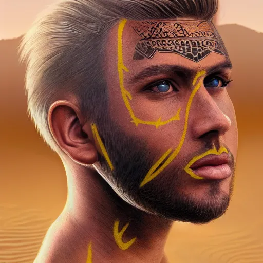 Image similar to a detailed portrait of a tan boy with a face tattoo in the desert, fantasy art illustration, incredibly highly detailed and realistic, 8 k, sharp focus