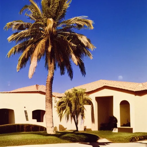 Prompt: color photo of a palm tree wearing gold sunglasses standing on a rug in the 8 0's. blue sky in the background