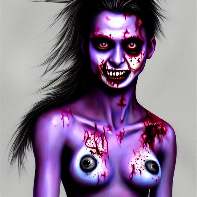 Prompt: epic professional finely detailed digital airbrushed portrait art of an athletic, fit, extremely attractive, glamourous, mid-20s East Indian supermodel emo female zombie, smiling, perfectly symmetrical face, wearing a dirt stained shirt under a leather jacket, zombie has deep blue eyes, great smile, violet lipstick, best on artstation, cgsociety, wlop, Behance, pixiv, cosmic, epic, stunning, gorgeous, glamour lighting, big smile, masterpiece by Dorian Cleavanger and Stanley Lau