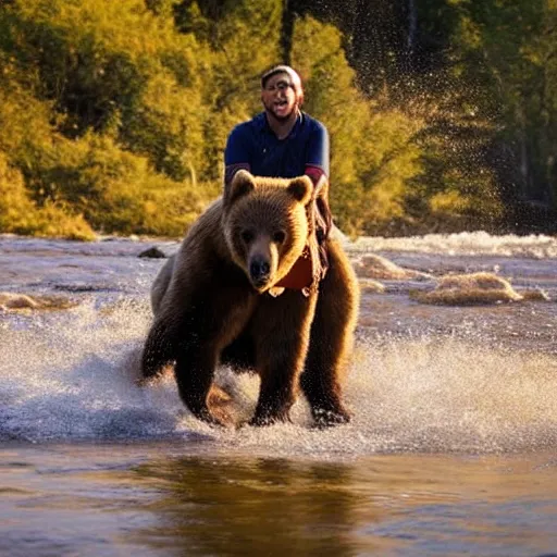 Prompt: high quality photograph of volodimir zelenski riding a bear across a river, golden hour