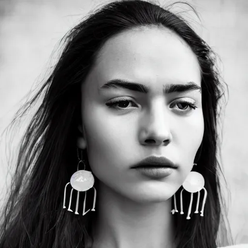 Image similar to minimalist photography portrait of an adorned merowinger woman, symmetrical, super close up, mid thirties, cute round slanted eyes, caucasian, wide nostrils, high cheekbones, full cheeks, high flat eyebrows, angelic, ethereal essence, leica 1 0 0 mm f 0. 8