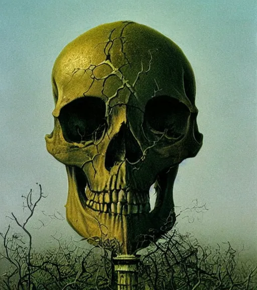 Image similar to skull, ivy, death by zdislaw beksinski