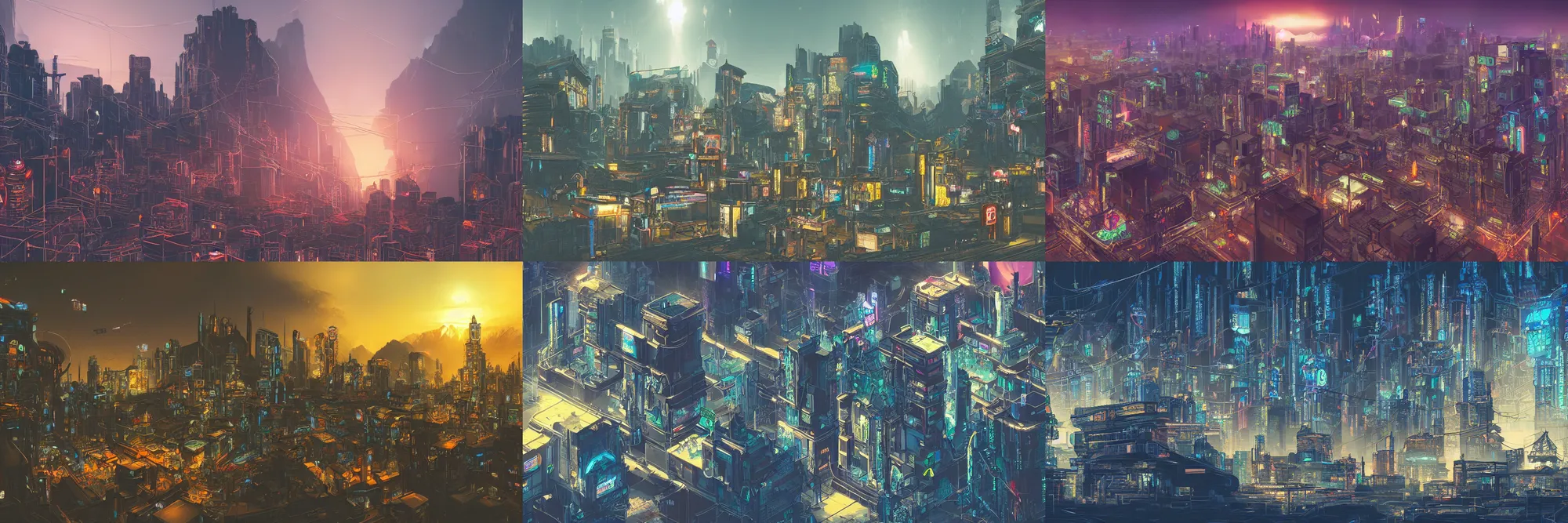 Prompt: a small cyberpunk town completely made out of glass, surrounded by a surreal mountain landscape, shining faintly in the dim light of sunset, buildings made out of glass, light reflections, highly detailed and beautiful illustration