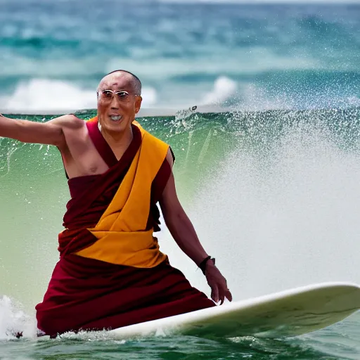 Prompt: professional photo of the Dalai Lama winning a surfing competition at Waikiki beach, 4k resolution ((setting sun and flocks of birds in the background))