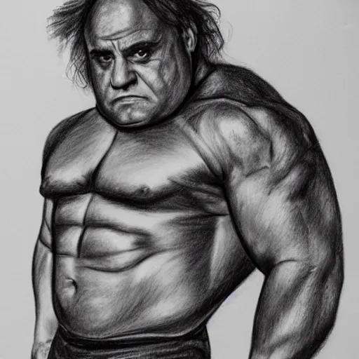 Prompt: black and white pencil sketch of a muscular Danny DeVito