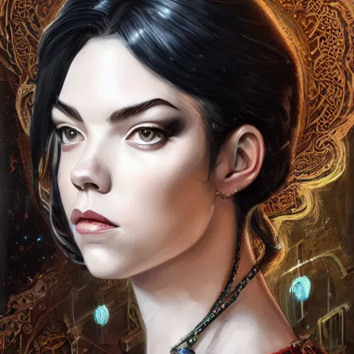 Image similar to a portrait a older anya taylor - joy as bayonetta, urban motifs, intricate, elegant, highly detailed, digital painting, trending on artstation, concept art, smooth sharp focus, illustration, art by artgerm and greg rutkowski