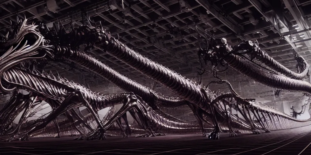 Prompt: star base, walking down the catwalk, stage, vogue photo, podium, fashion show photo, iris van herpen, beautiful woman, perfect body, full body shot, legendary dragon, inflateble shapes, masterpiece, guyver, giger, biomechanical details, denis villeneuve, movie still, cinestill, bokeh, artstation