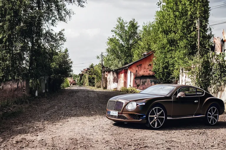 Image similar to modern rusty matte tired Bentley Continental GT without gloss no reflections drives along the road of an old Russian village with houses at the edges