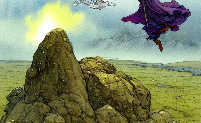 Image similar to a hyperrealist watercolour concept art of a flying rock. it is a misty night on the moors of ireland. by rebecca guay, michael kaluta, charles vess and jean moebius giraud