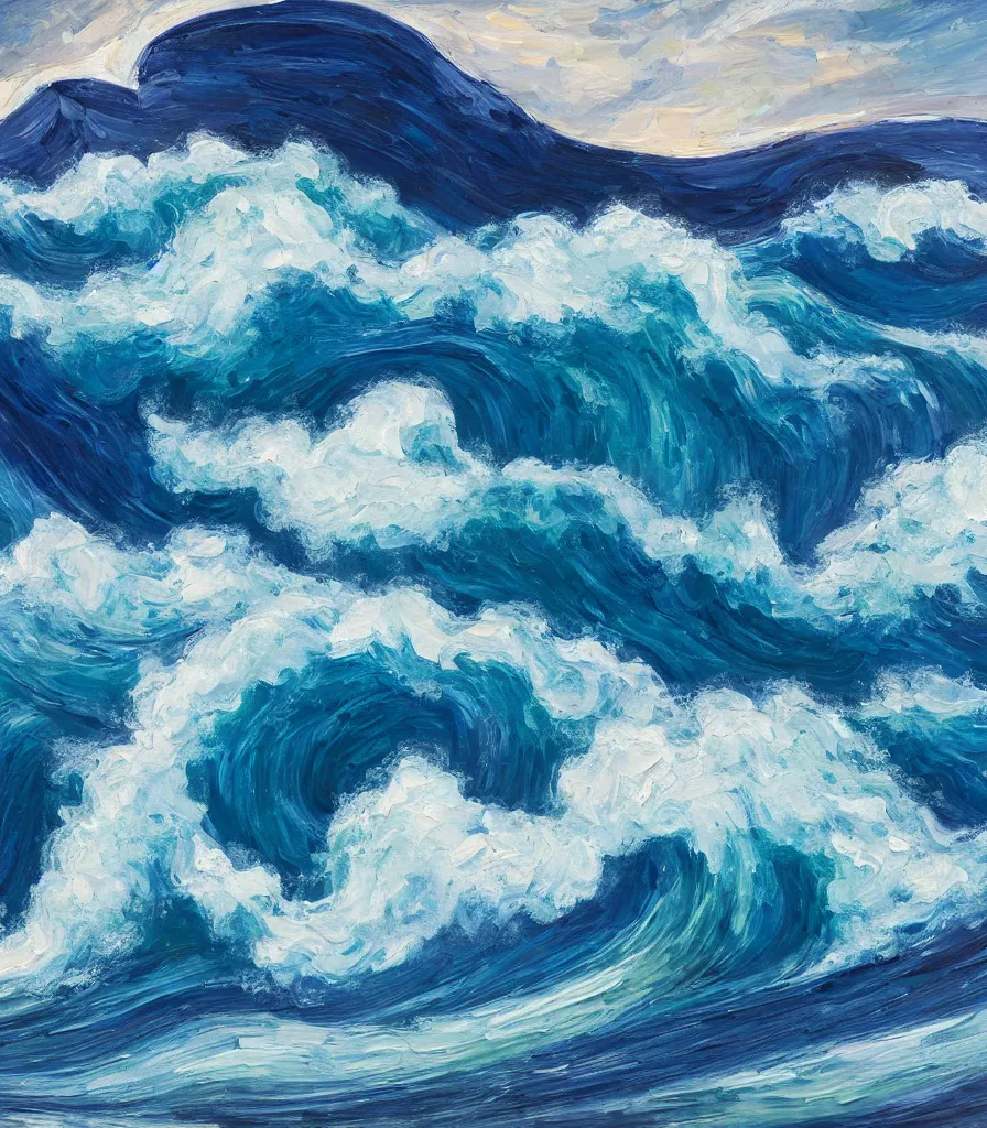 Image similar to an impasto oil painting of one single beautiful hawaiian wave, monochromatic color scheme, high detail, breathtaking wave, modern art, abstract art, soft colors, inverted colors