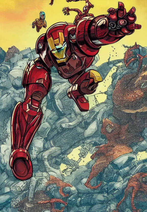 Prompt: iron man fighting a giant kaiju, comic book style illustration