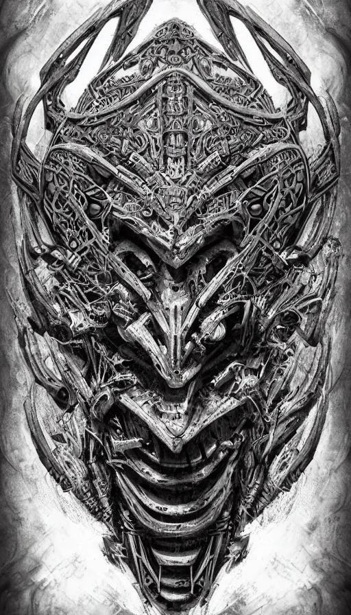 Prompt: ancient biomechanical hybrid aztec fantasy beautiful cyber warrior symmetrical human face immortal mask tattoo pattern concept, teonanacatl glyph, intricate artwork by, Johnatan Wayshak, Zdizslaw Beksinski, face by Artgerm, H.R. Giger, very coherent artwork, cinematic, hyper realism, high detail, octane render, unreal engine, 8k, High contrast, higly detailed black ink outline, crosshatch sketch gradient