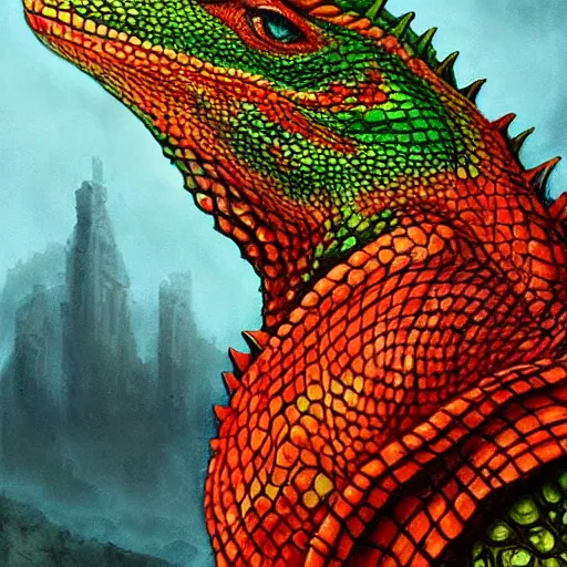 Prompt: lizard man, red scales, fantasy art, portrait