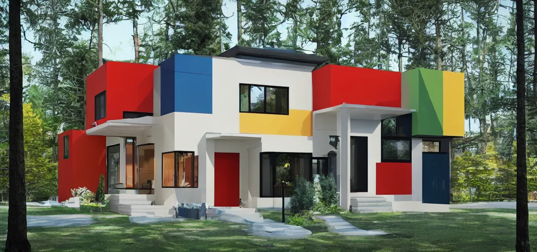 Image similar to modern house. multicolored. wes anderson. forest. 8 k.