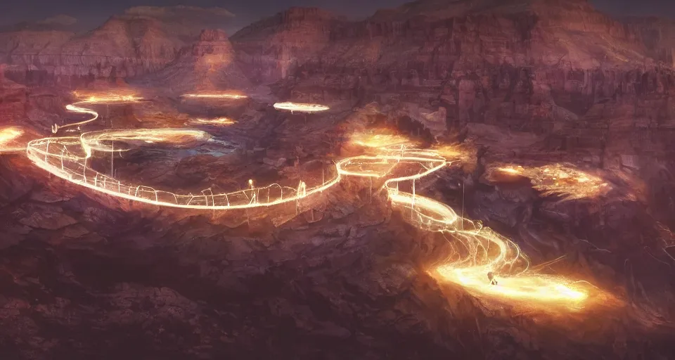 Image similar to night, a lot of people and a spiral - shaped white luminous attractor is floating in grand canyon, concept art, art for the game, professional lighting, art