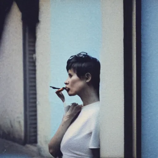 Image similar to a beautiful instant photograph of a short hair woman smoking in the street, leaning on the wall, polaroid, technicolor, light leak, raw,