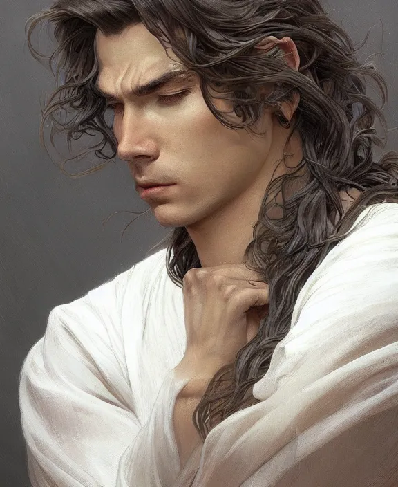 Image similar to portrait close up of guy, concentrated look, symmetry, long hair. d & d, fantasy, intricate, elegant, highly detailed, digital painting, artstation, concept art, art by artgerm and greg rutkowski and alphonse mucha, boris vallejo