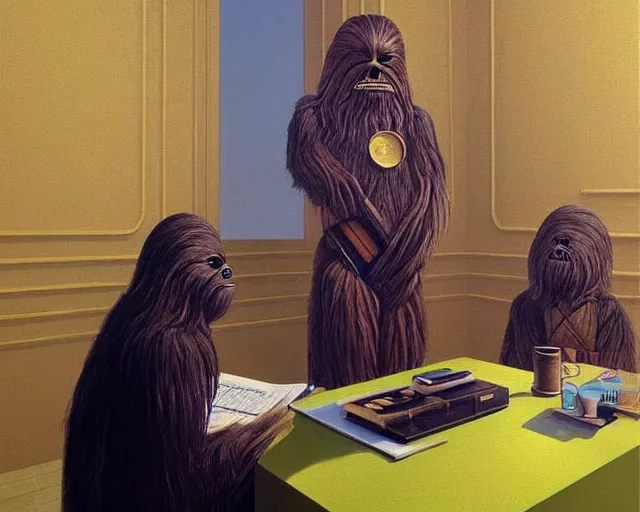 Prompt: wookiee at home trading crypto. the charts are at all time highs, gains, green charts, painting by rene magritte, grant wood and frank frazetta, 3 d rendering by beeple, wlop