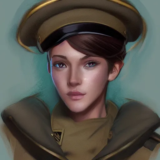 Image similar to portrait bust of young woman with long light brown hair and hazel eyes dressed in a sharp dark teal military uniform with beret, smiling, ilya kuvshinov, anime, ross tran, concept art, digital art, painting