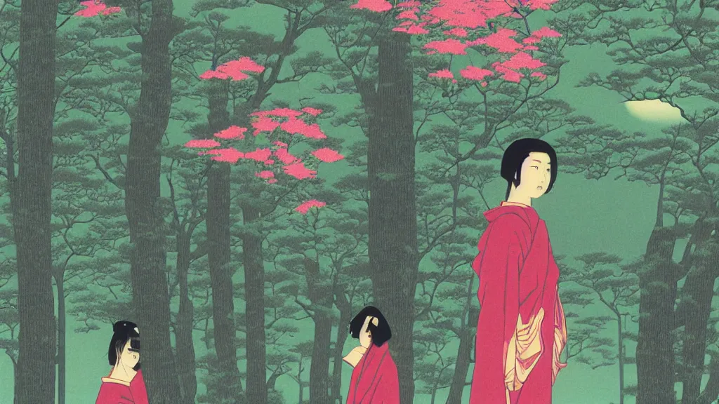 Image similar to A kodak aerochrome photograph of a beautiful girl is standing right before me, we are looking into each others eyes and she says - Hey you have beautiful eyes, this is how you get all the girls!, screen print by Kawase Hasui and dan hillier, 8k unreal engine