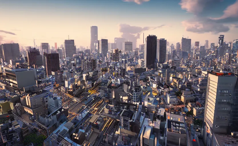 Image similar to unreal engine 5 render of tokyo city from a rooftop view, sunset lighting, hyper realism, realistic shading, cinematic composition, blender render, octane render, hdr, detailed textures, photorealistic, ultrawide shot, 1 6 mm lens