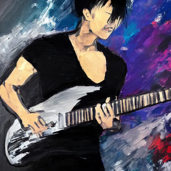 Image similar to large diagonal brush strokes, abstract dark painting of a young korean male musician wearing black tank top holding a telecaster!!! electric guitar!! in a dark room, thick flowing dramatic brush strokes, matte colors, abstract, impressionist, motion, trending on artstation