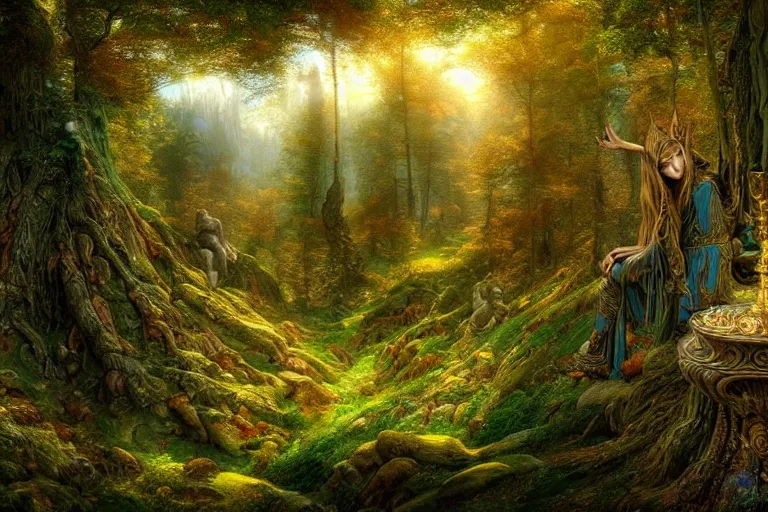 Prompt: a beautiful and highly detailed digital painting of a beautiful elven monument in a dreamy forest in the mystical mountains, psychedelic patterns, intricate details, epic scale, 8 k, sharp focus, photorealism, artstation, cgsociety, by caspar friedrich, albert bierstadt, james gurney, brian froud,