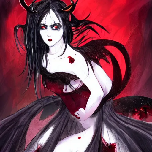 Prompt: the fall of a super sad and with extrem anger filled demon girl in hell with a dark red dress,!!! full dressed!!! oppressive and dark amotsphere with many shadows, blood and dark red highlights, concept fullbody horror art by aleksandra waliszewska and aoi ogata