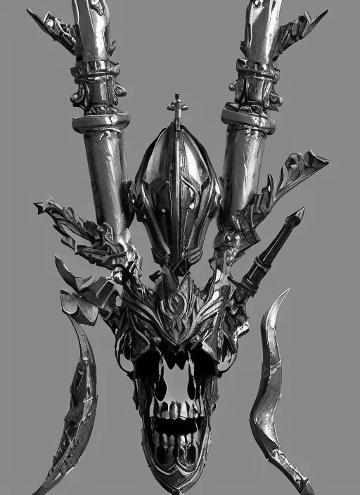 Image similar to a black and silver sword skull crest, orthographic, ornament, weapon, a 2 d render by dom qwek, front side, concept art, trending on polycount, artstation, hard surface modeling, rendered in maya, zbrush, hd, vray, blizzard, symmetry