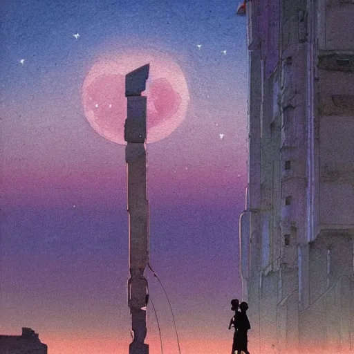 Image similar to [ a humanoid robot looking out over a ruined city ] [ night, stars ] [ gauche watercolour soft beautiful colours ] [ moebius, science fiction art ]