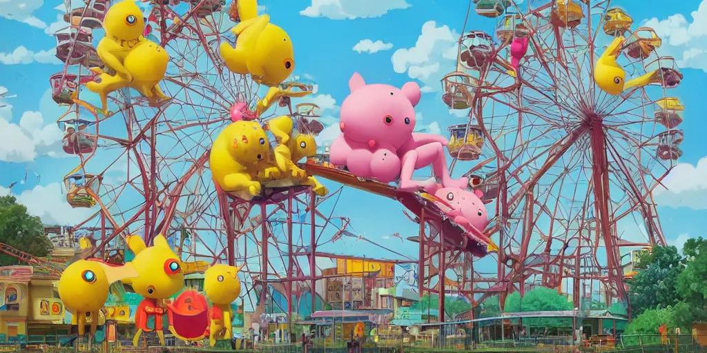 Prompt: cute anime monsters on a Ferris wheel by Os Gemeos and Goro Fujita and Simon Stalenhag, 8k, trending on artstation, hyper detailed, cinematic