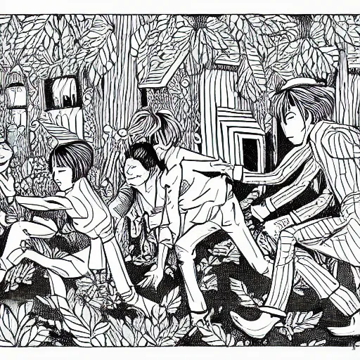 Image similar to a coloring book illustration of a fight in a garden style of junji ito